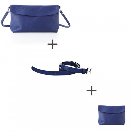 Pochette bandoulière Bleue + Pochette small Bleue + Ceinture Bleue Pochette bandoulière Bleue + Pochette small Bleue + Ceinture Bleue