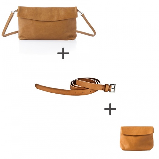 Pochette bandoulière Camel + Pochette small Camel + Ceinture Camel Pochette bandoulière Camel + Pochette small Camel + Ceinture Camel